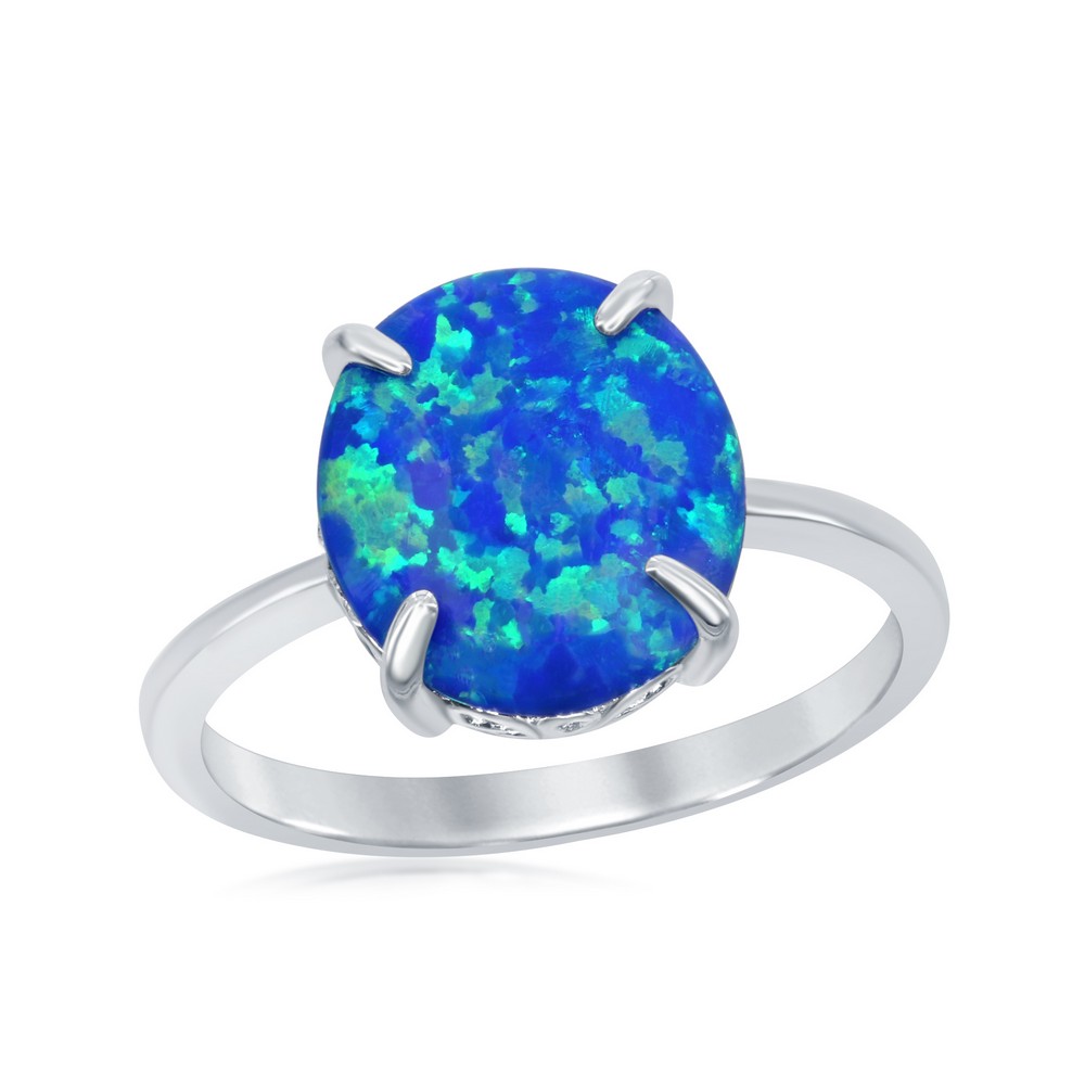 Sterling Silver Four-Prong Blue Inlay Opal Oval Ring