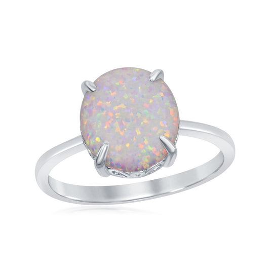 Sterling Silver Four-Prong White Inlay Opal Oval Ring