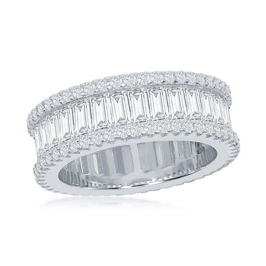 Sterling Silver Baguette CZ and Pave Border Band Ring