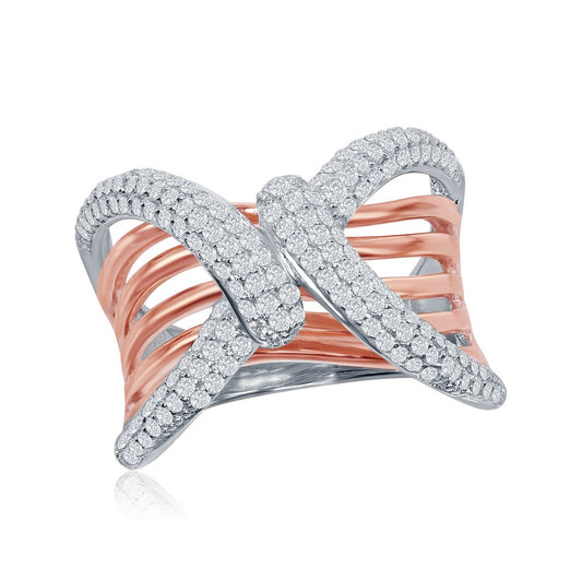 Sterling Silver Two-Tone Overlapping Micro Pave with Wavy Bars Design Ring