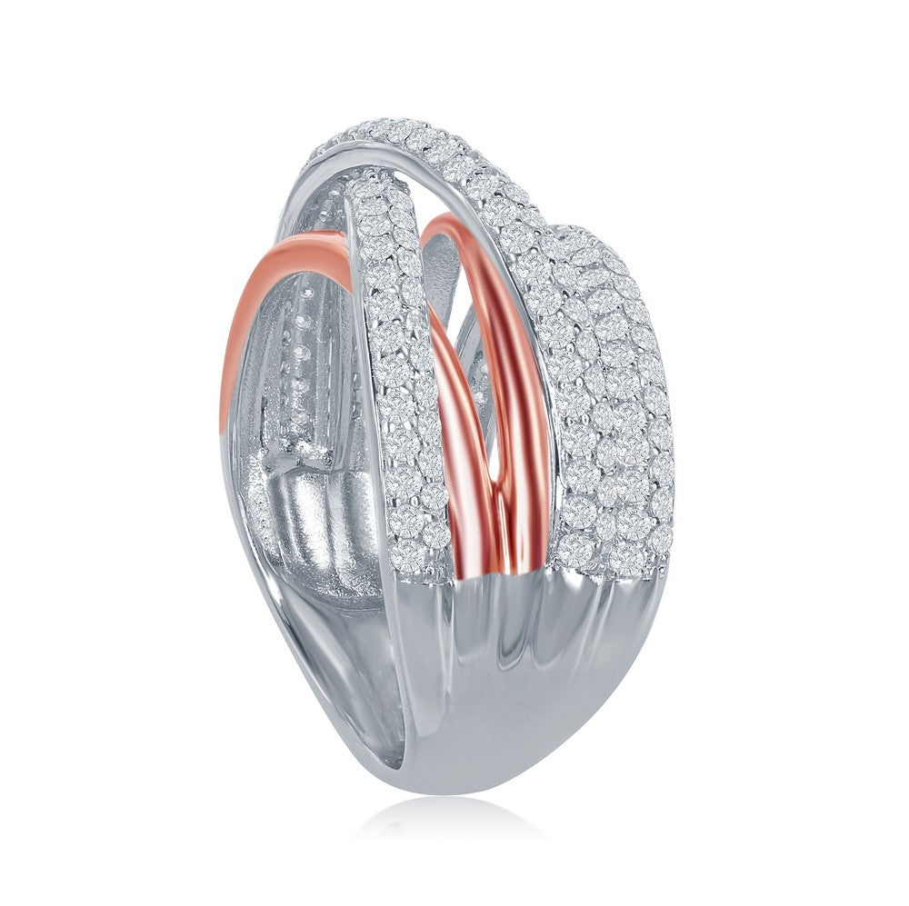 Sterling Silver Two-Tone Double X Design Micro Pave Ring