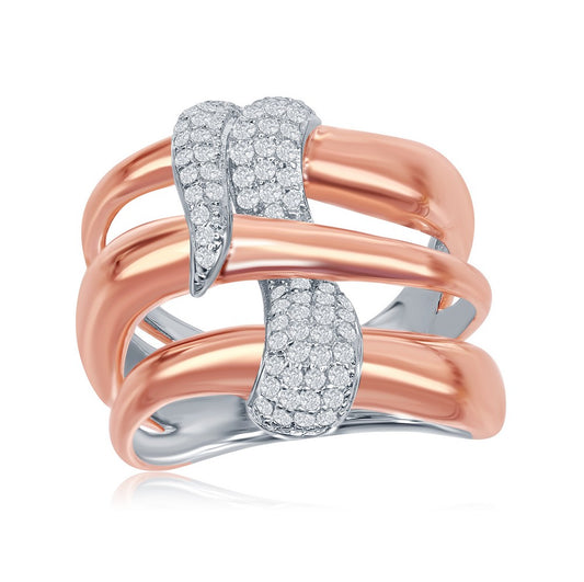 Sterling Silver Two-Tone Triple Wave Design Intertwined Micro Pave Ring