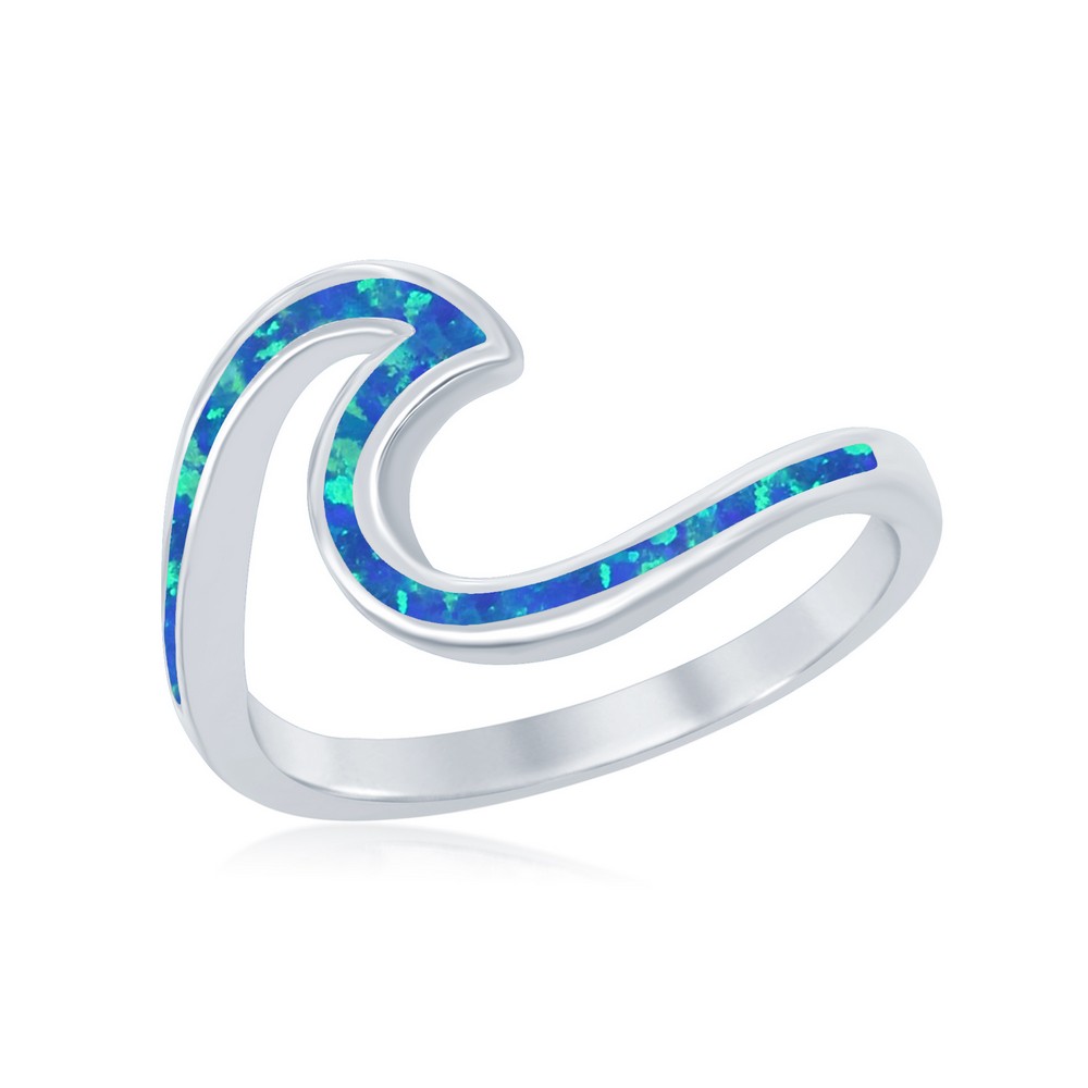 Sterling Silver Blue Inlay Opal Wave Design Ring