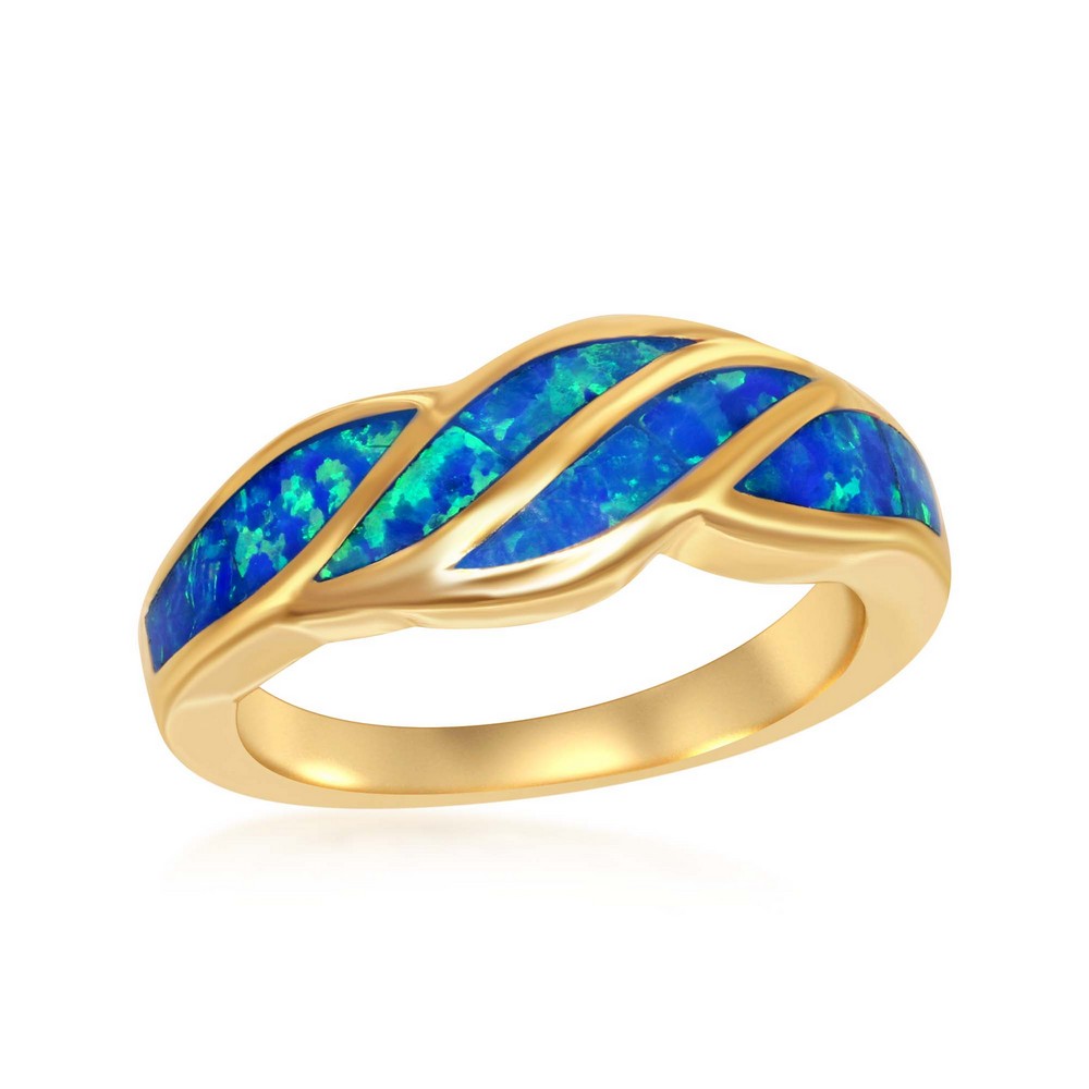 Sterling Silver Blue Inlay Opal Wave Design Ring - Gold Plated