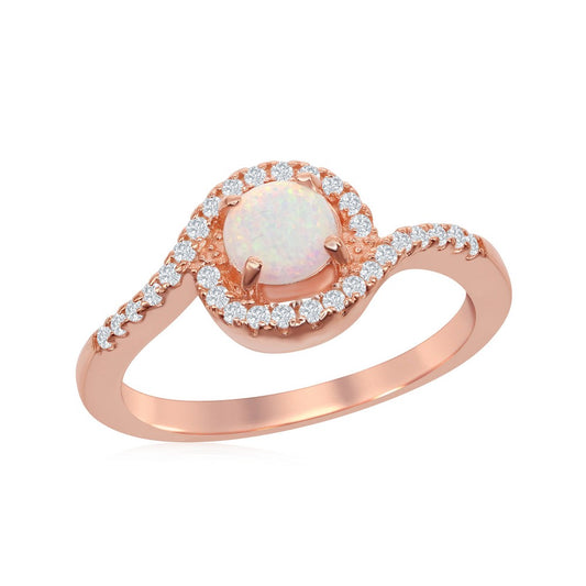 Sterling Silve Round White Opal with Half CZ Border Ring - Rose Gold Plated
