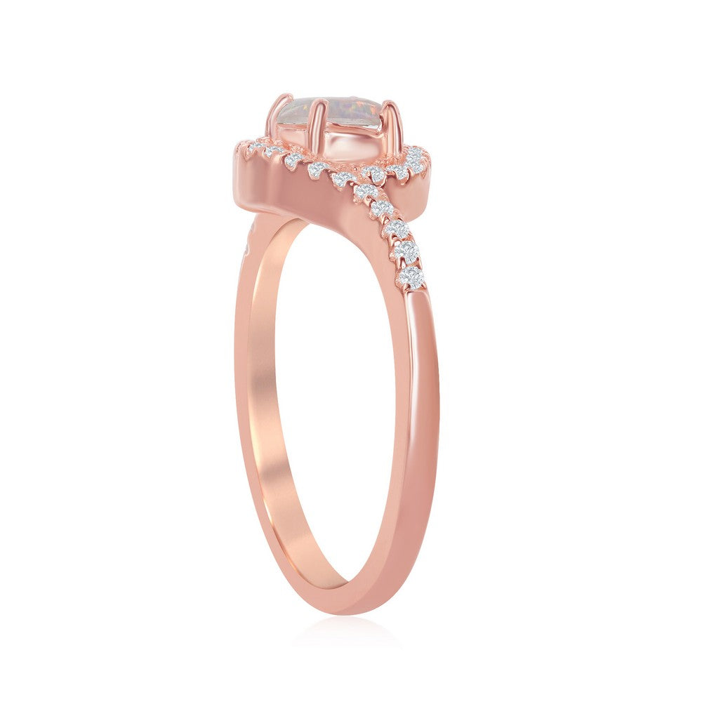 Sterling Silve Round White Opal with Half CZ Border Ring - Rose Gold Plated