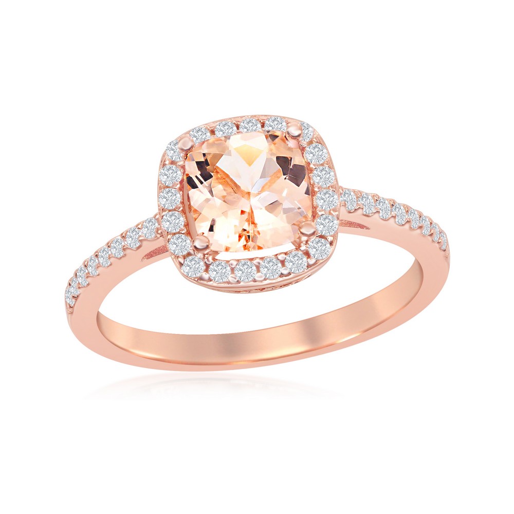Sterling Silver Square Morganite CZ with White CZ Border Ring - Rose Gold Plated