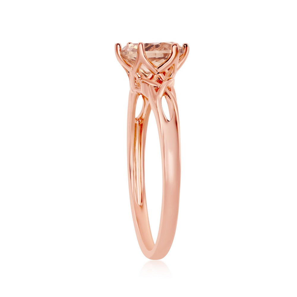 Sterling Silver Six-Prong 7mm Round Morganite CZ With  Designed Band Ring - Rose Gold Plated