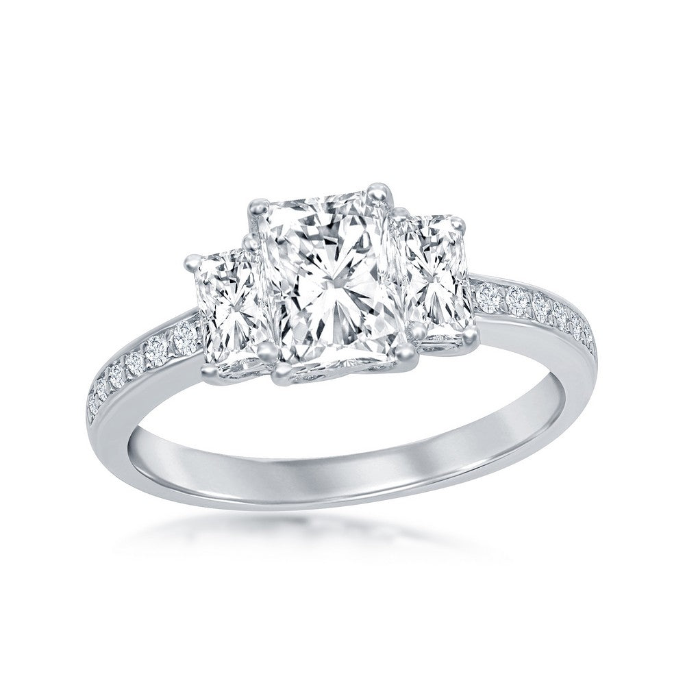 Sterling Silver Three-Stone CZ with Half CZ Band Engagement Ring