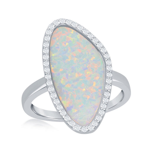 Sterling Silver White Inay Opal Irregular Shape with CZ Border Ring