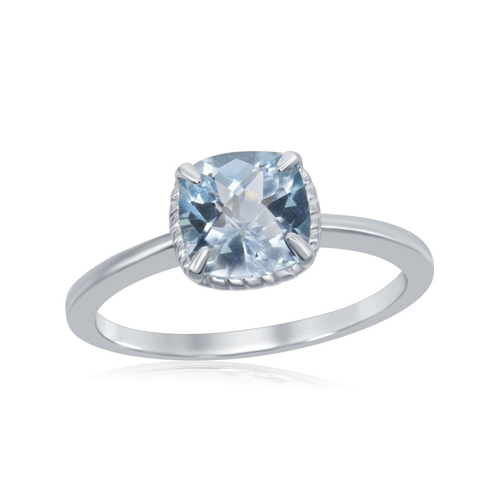 Sterling Silver Four-Prong Square Rope Design Ring - Blue Topaz