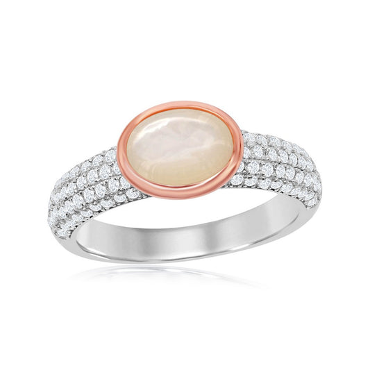 Sterling Silver Rose Gold Plated Oval Mother of Pearl Micro Pave Band Ring