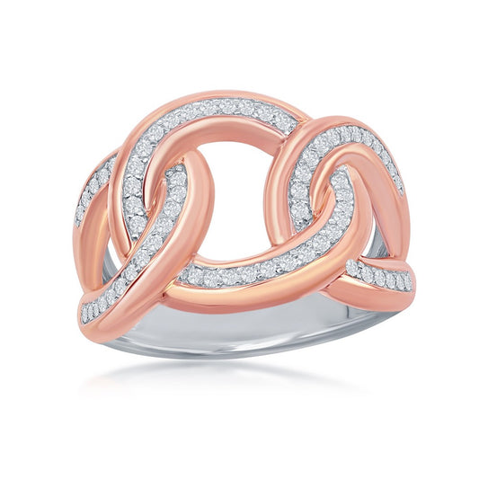 Sterling Silver Two-Tone Large Interlocking Curb Link CZ Ring