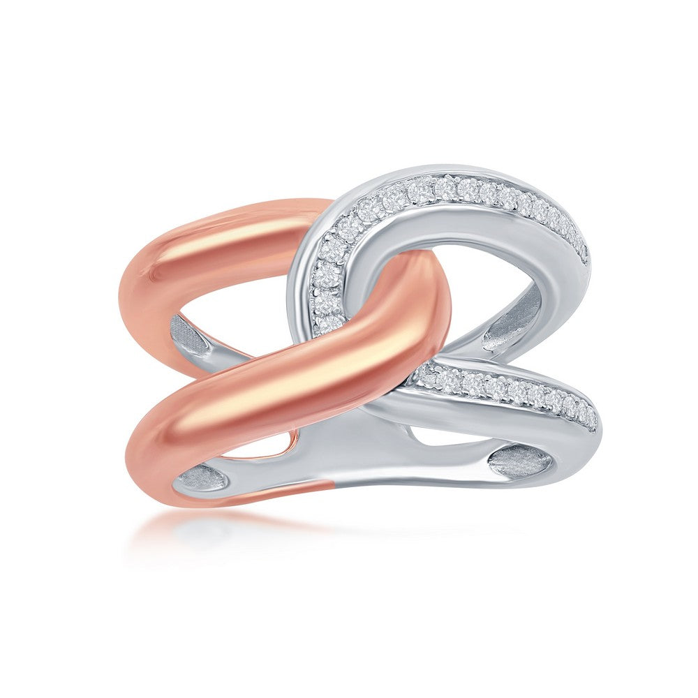 Sterling Silver Two-Tone Rose Gold Plated Interlocking CZ Ring