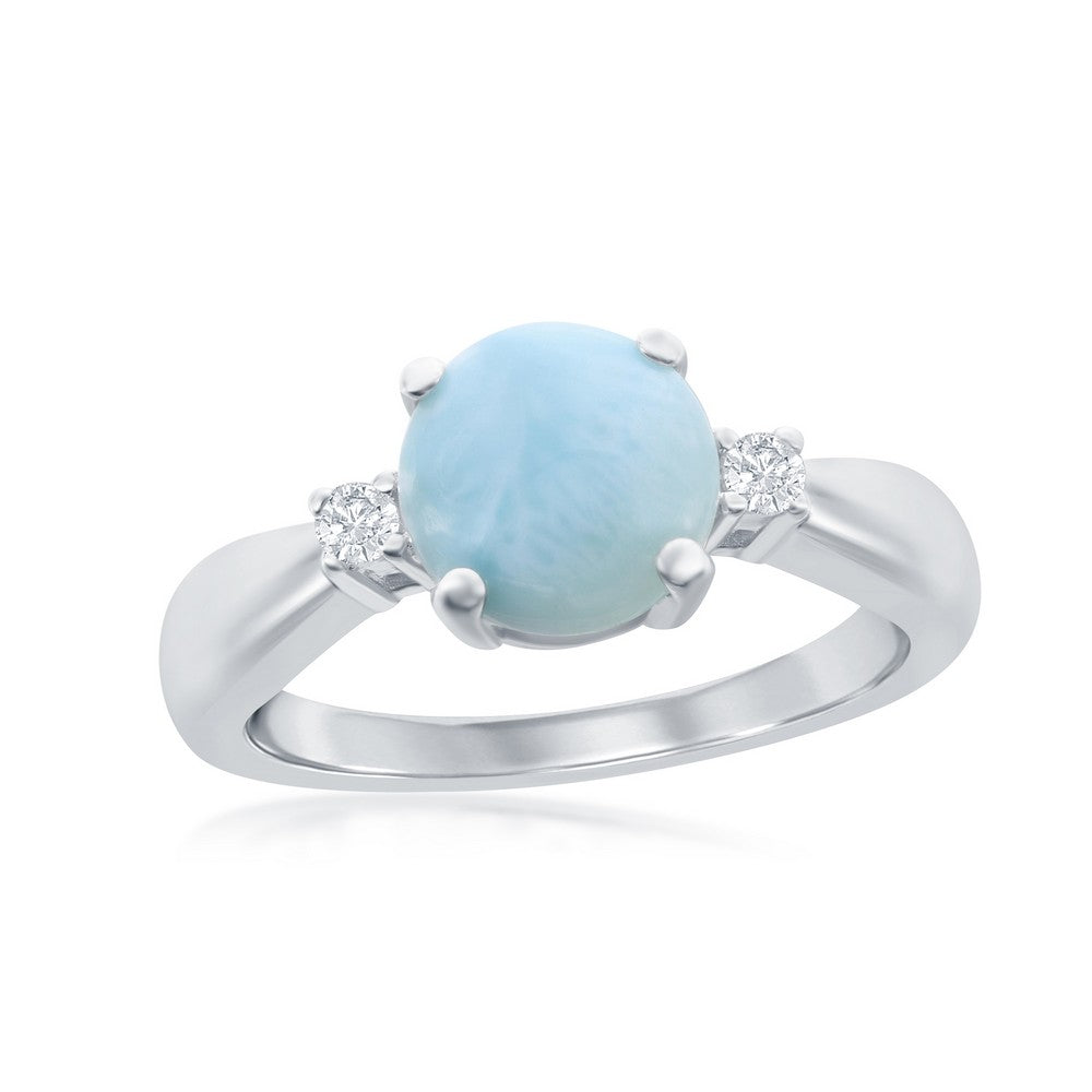 Sterling Silver Four-Prong Round Larimar with White CZ Side Stones Ring
