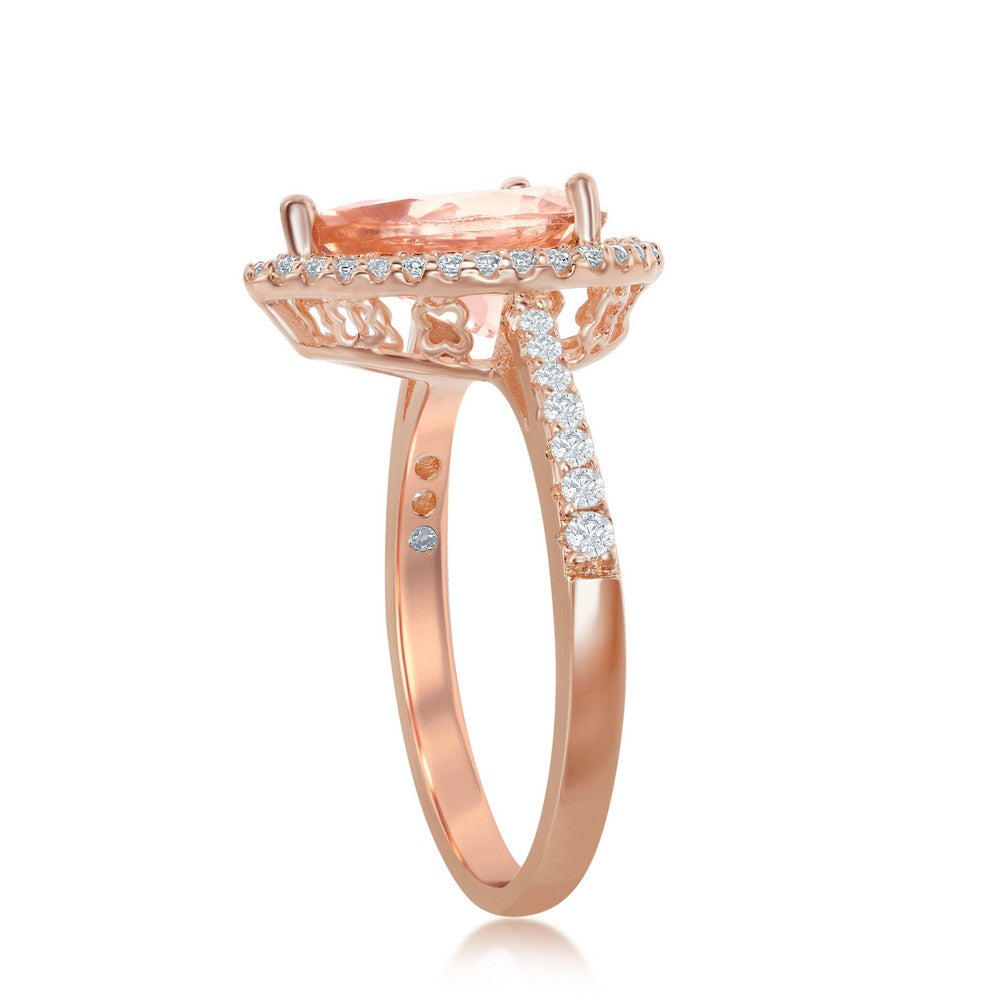 Sterling Silver Pear-Shaped Morganite CZ with White CZ Border Ring - Rose Gold Plated