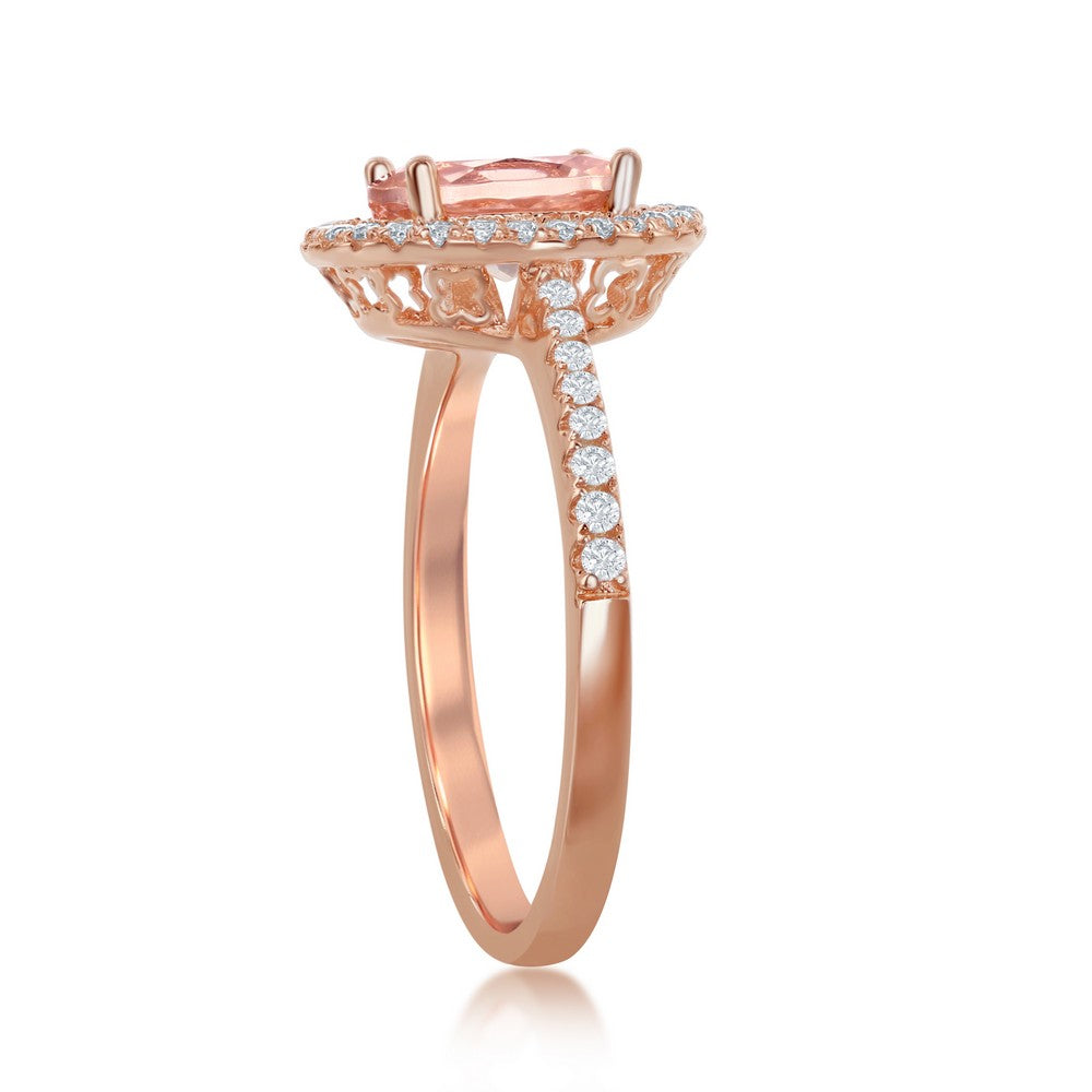 Sterling Silver Oval Morganite CZ with White CZ Border Ring - Rose Gold Plated