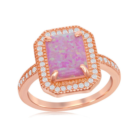 Sterling Silver Pink Inlay Opal Hexagon Shaped Ring - Rose Gold Plated