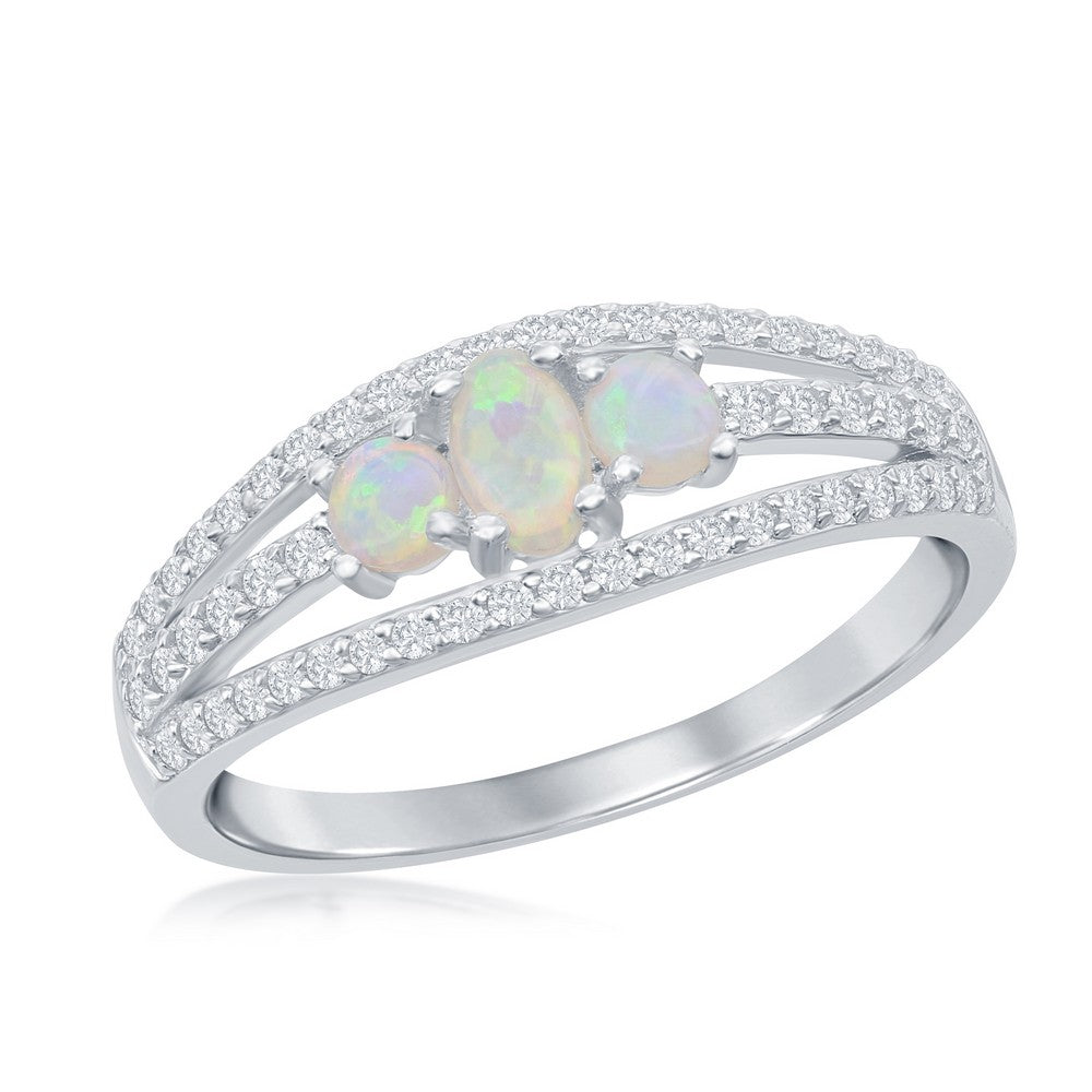 Sterling Silver Three-Stone White Opal Open CZ Band Ring