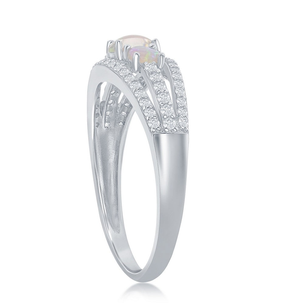 Sterling Silver Three-Stone White Opal Open CZ Band Ring