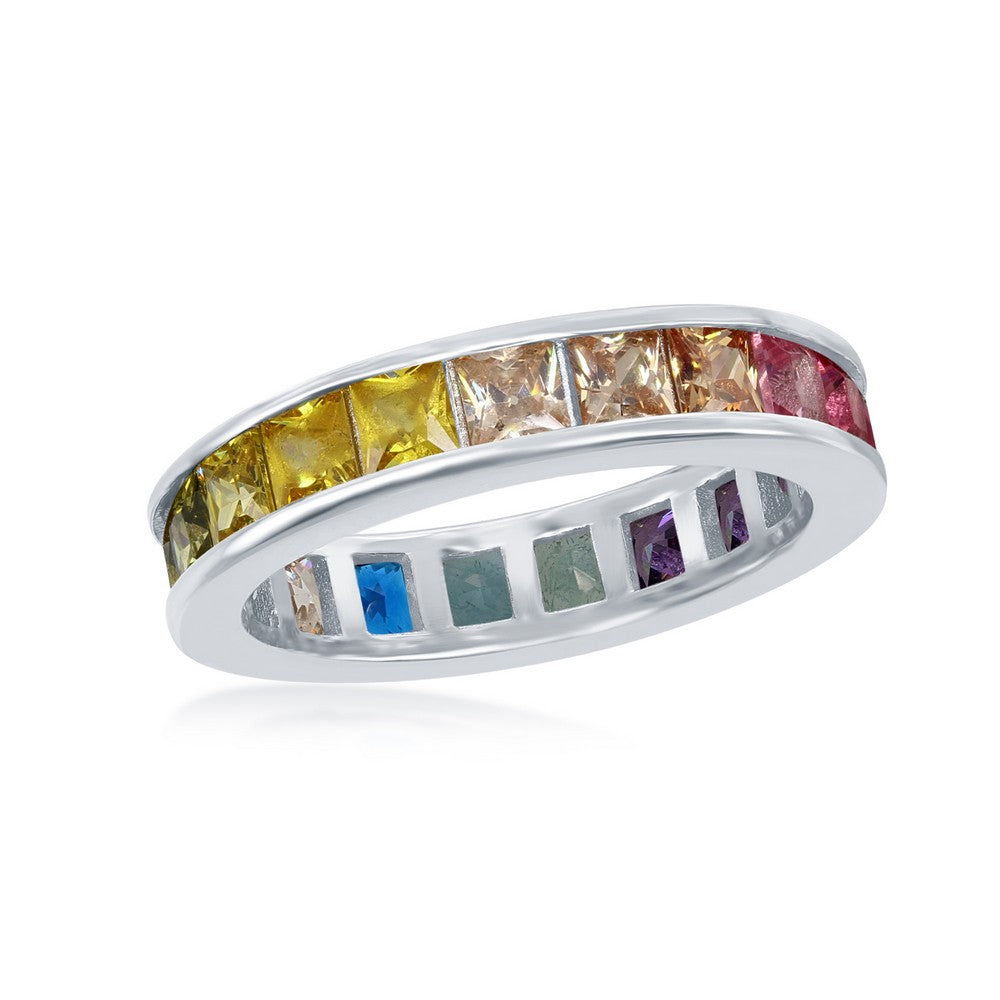 Sterling Silver Channel Set Rainbow CZ Eternity Band Ring
