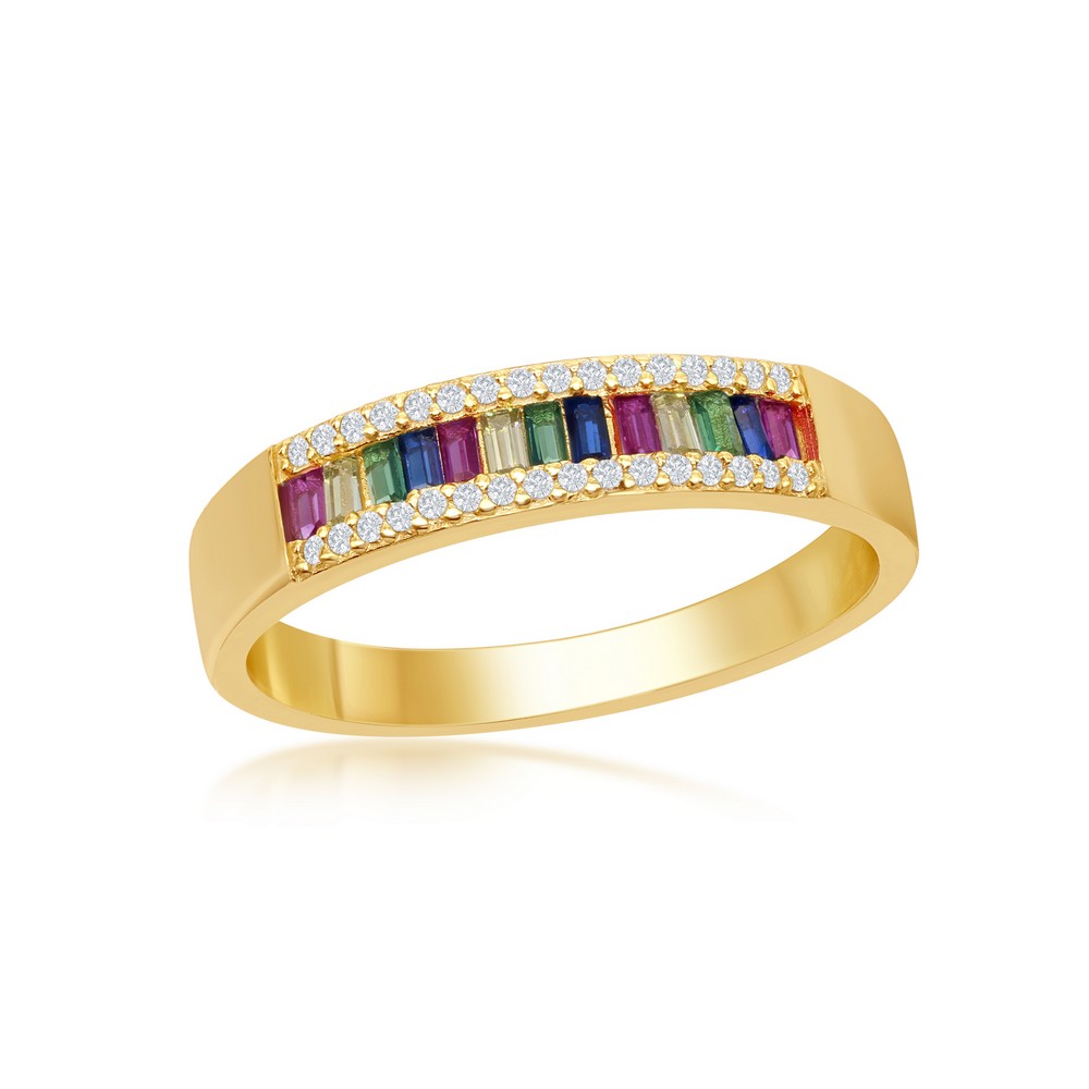 Sterling Silver Baguette Rainbow CZ With  White CZ Border Channel-Set Band Ring - Gold Plated