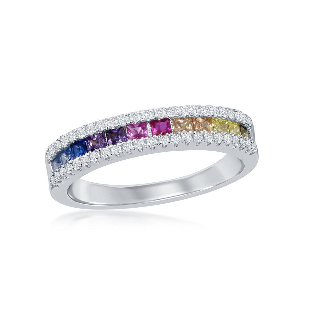 Sterling Silver Half Channel-Set Rainbow CZ with White CZ Border Ring