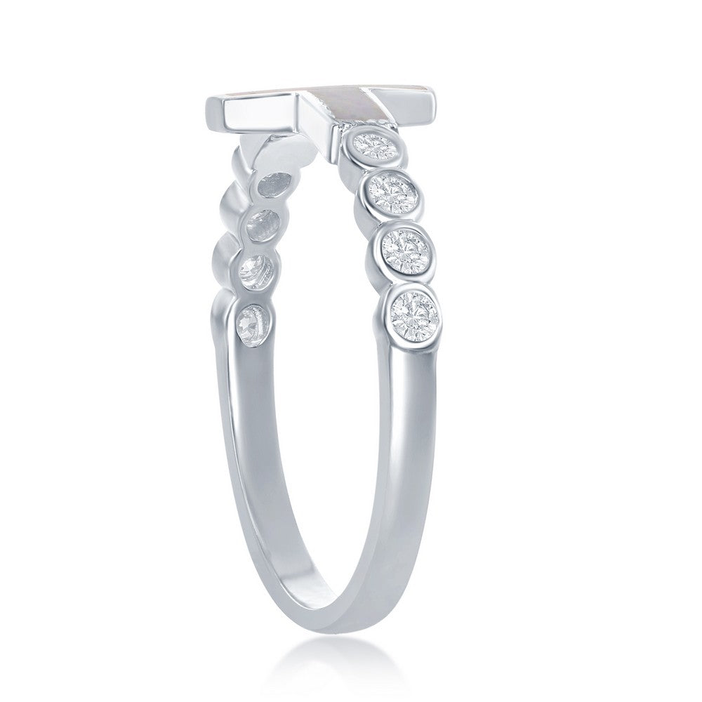 Sterling Silver White Inlay Opal Sideways Cross Half CZ Band Ring