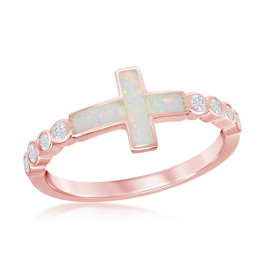 Sterling Silver White Inlay Opal Sideways Cross Half CZ Band Ring - Rose Gold Plated