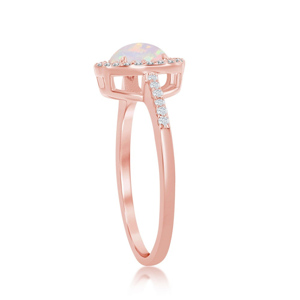 Sterling Silver Round White Opal with CZ Halo Ring - Rose Gold Plated