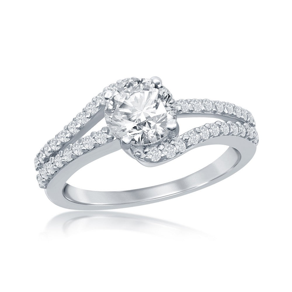 Sterling Silver Round Double Band CZ Engagement Ring