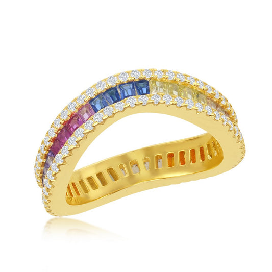 Sterling Silver Rainbow Baguette CZ with Clear CZ Border Wavy Ring - Gold Plated