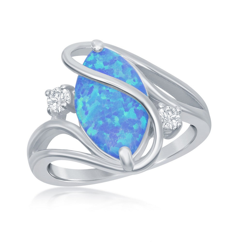 Sterling Silver Blue Inlay Opal Oval Twist With CZ Ring