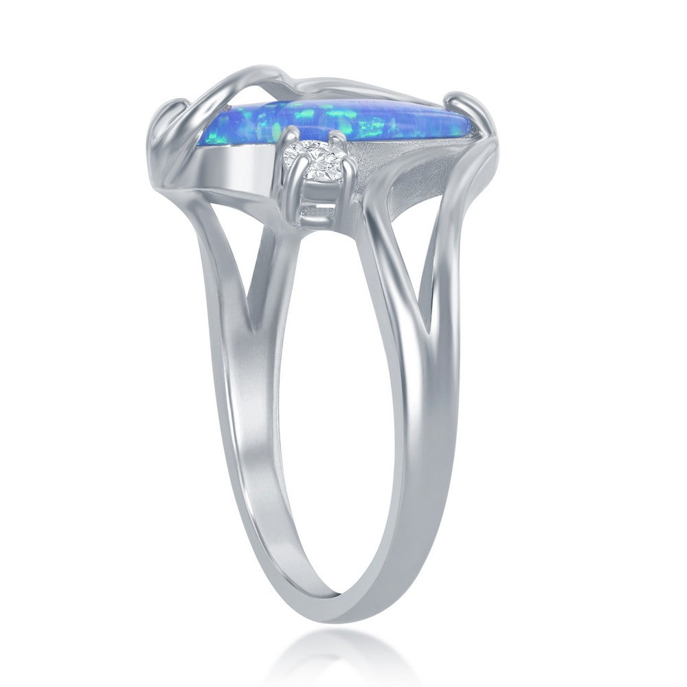Sterling Silver Blue Inlay Opal Oval Twist With CZ Ring