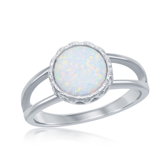 Sterling Silver  Round White Inlay Opal Open Band Ring