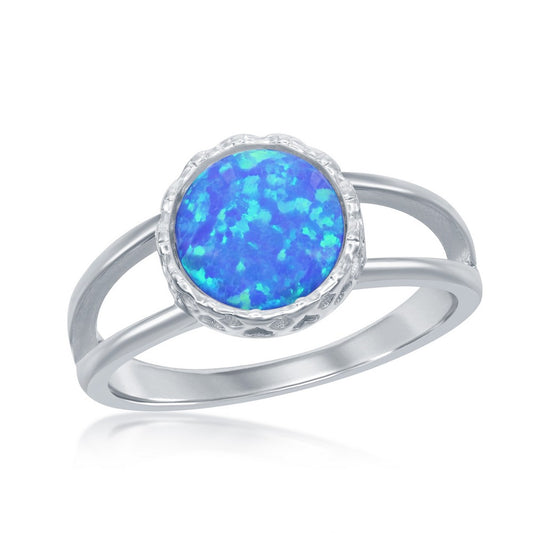 Sterling Silver  Round Blue Inlay Opal Open Band Ring