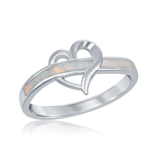 Sterling Silver Open Heart White Inlay Opal Ring
