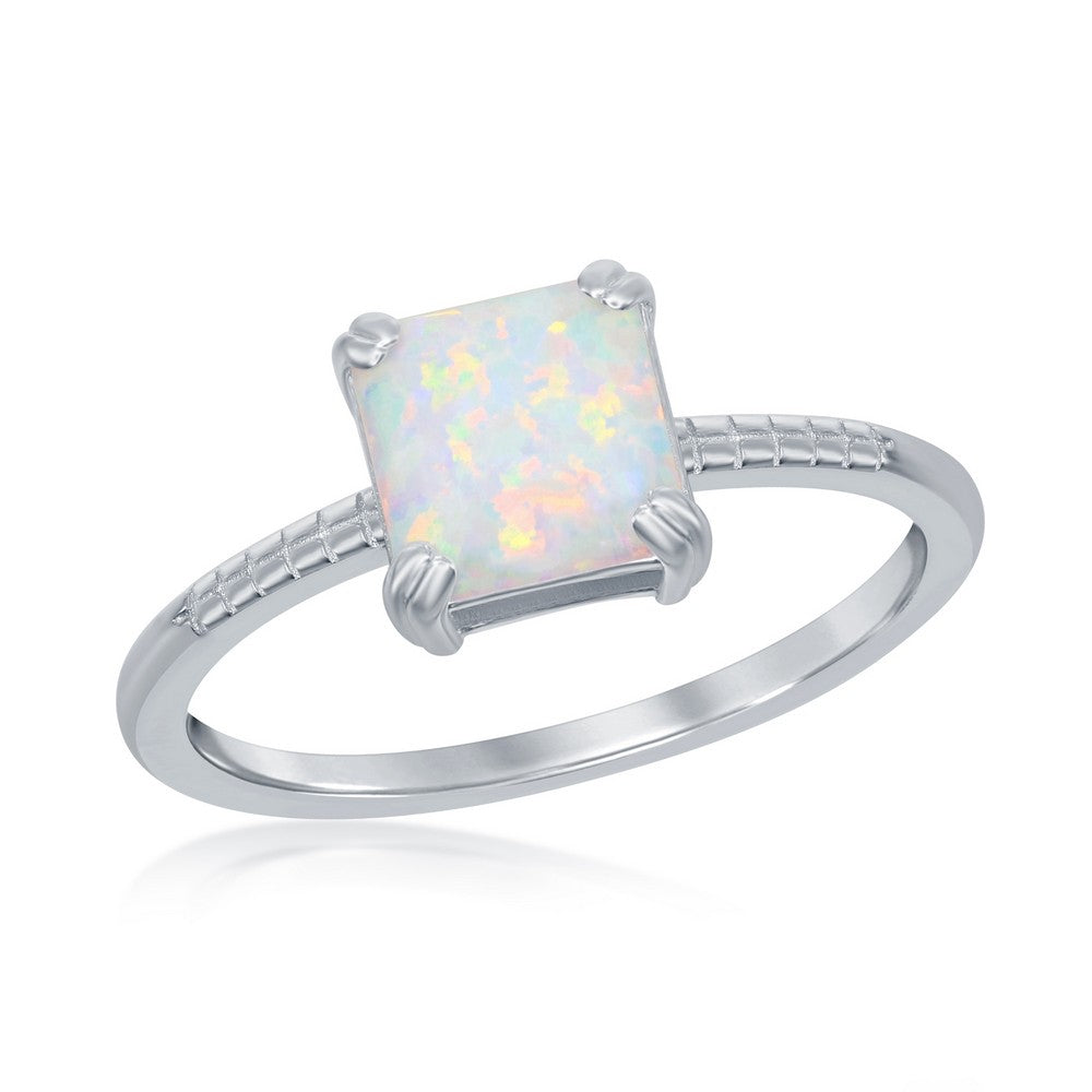 Sterling Silver Square White Opal Beaded Band Ring