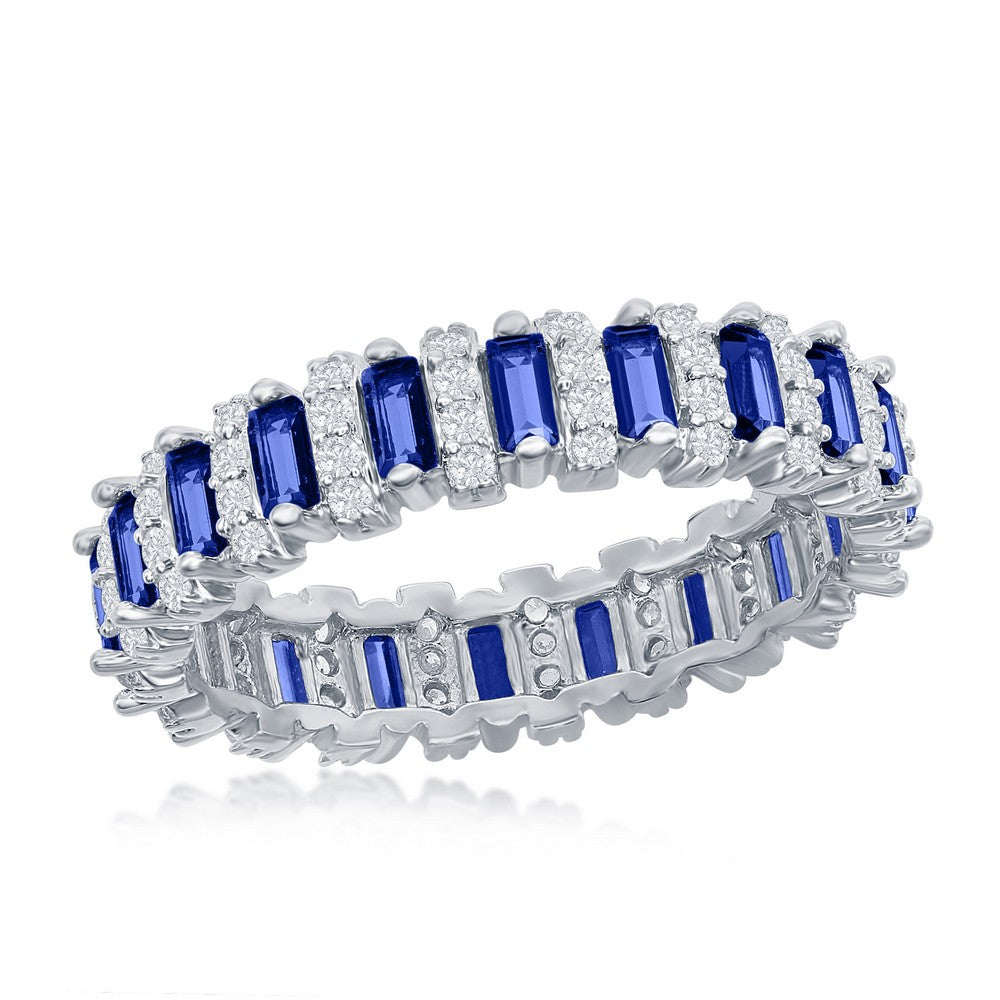 Sterling Silver Round & Baguette Eternity Band Ring - Sapphire CZ