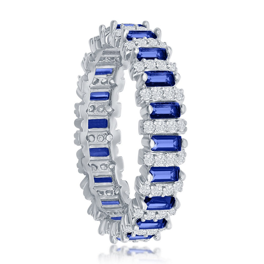 Sterling Silver Round & Baguette Eternity Band Ring - Sapphire CZ
