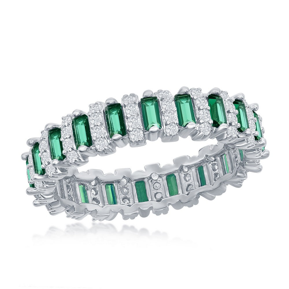 Sterling Silver Round & Baguette Eternity Band Ring - Emerald CZ