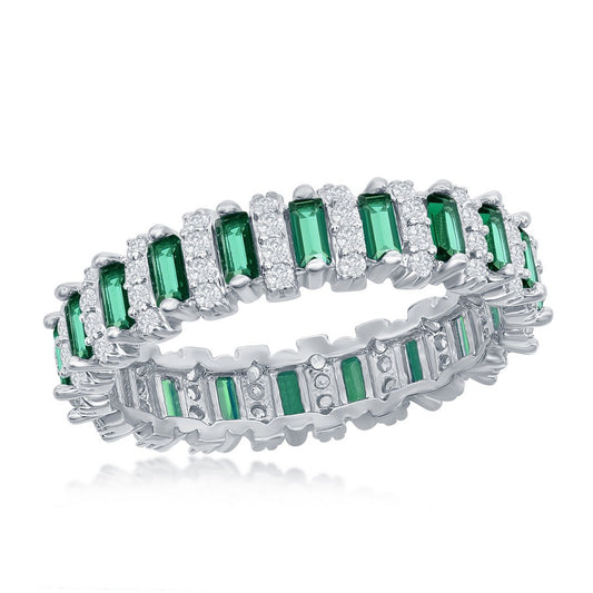 Sterling Silver Round & Baguette Eternity Band Ring - Emerald CZ