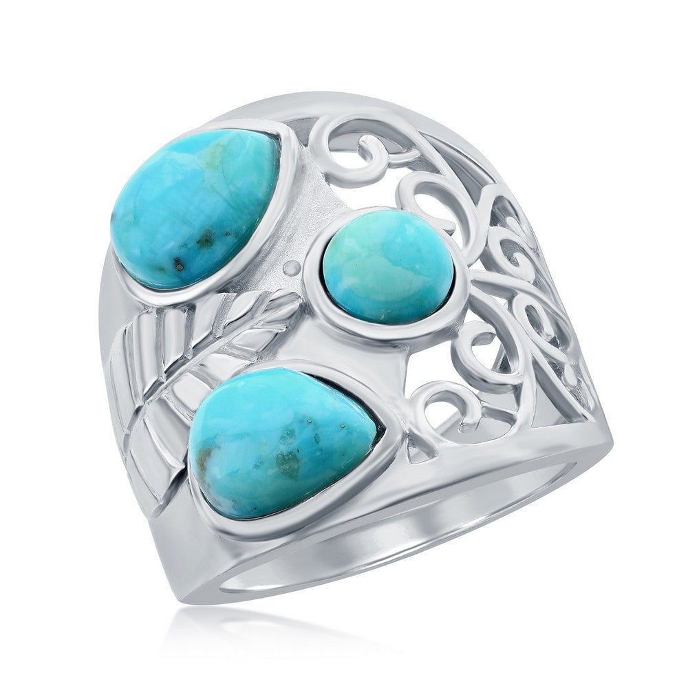 Sterling Silver Leaf Designed Statement Ring - Turquoise