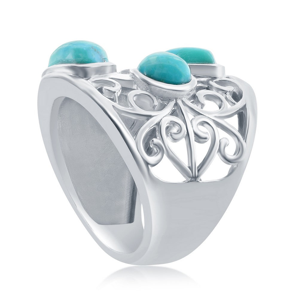 Sterling Silver Leaf Designed Statement Ring - Turquoise