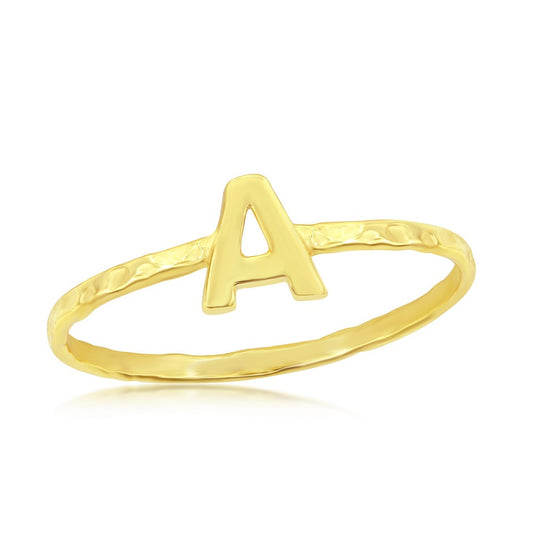 Sterling Silver A Initial Hammered Band Ring - Gold Plated