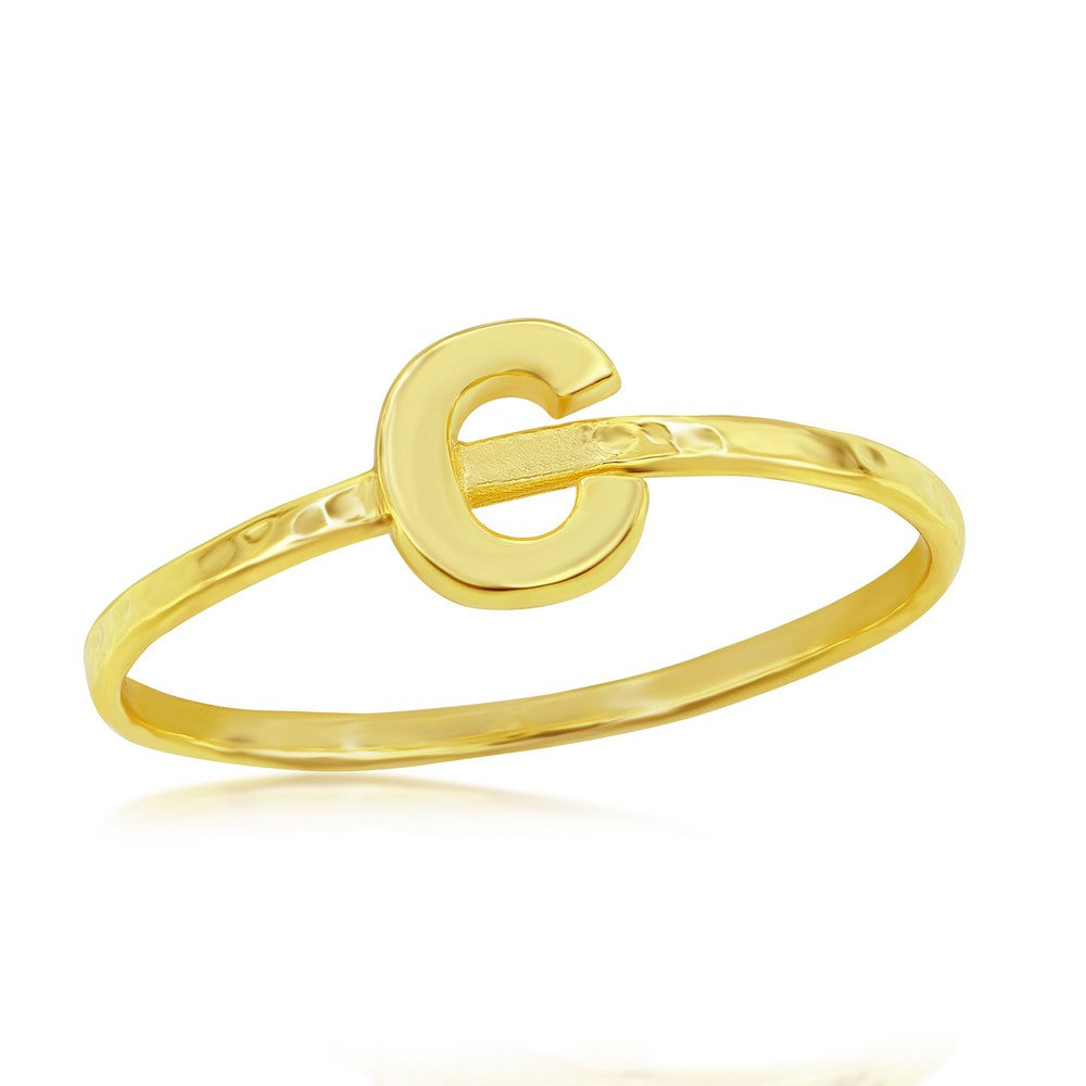 Sterling Silver C Initial Hammered Band Ring - Gold Plated