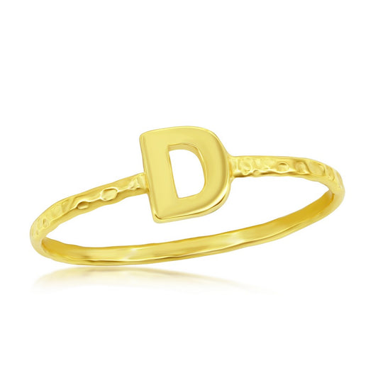 Sterling Silver D Initial Hammered Band Ring - Gold Plated