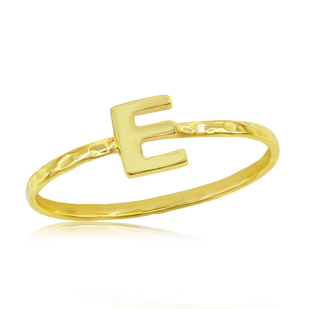 Sterling Silver E Initial Hammered Band Ring - Gold Plated
