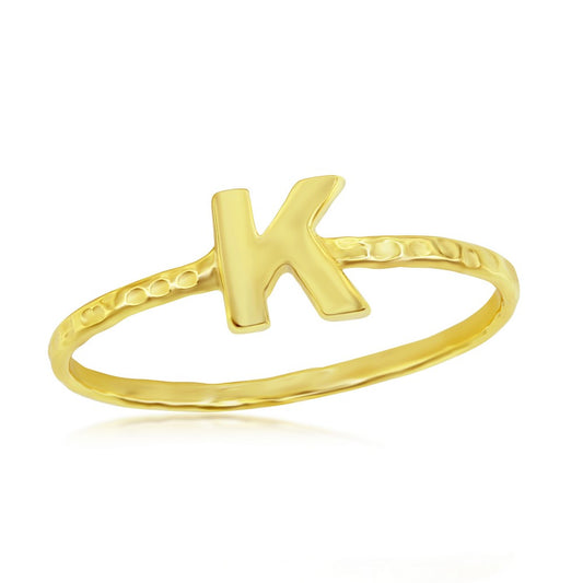 Sterling Silver K Initial Hammered Band Ring - Gold Plated