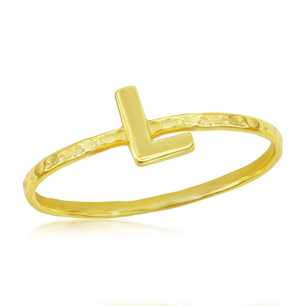 Sterling Silver L Initial Hammered Band Ring - Gold Plated